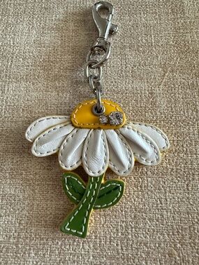 Coach White & Green Daisy Flower Keychain Charm Keychain with Yellow Accent.